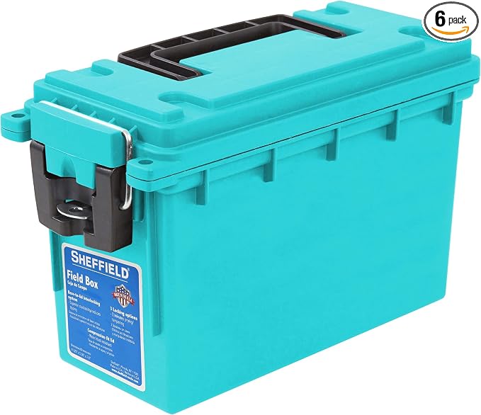 Sheffield 12633 Ammo Storage Box, Stackable .30 Cal Field Boxes, Water and Dust Resistant, Lockable Storage Box with Handle, Secures Hunting Gear, Supplies, and Bullets, Made in USA, Teal,(Pack of 6)