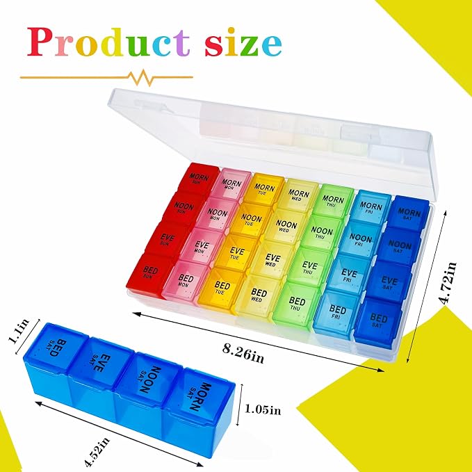 ZVZM Weekly Pill Organizer 4 Times a Day, Medicine Organizer Box, Travel Daily Pill Box Organizer 7 Day, Pill Case, Pill Container Holder for Hold Vitamins/Fish Oils.