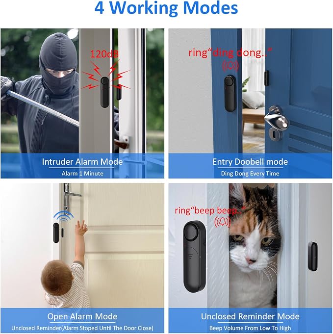 Window and Door Alarm When Opened (2 Pack) for Kids Safety/Home Security, Sliding Front Door Opening Sensor Alarms for Dementia, 120dB Burglar Alert, Ideal for Business, Garage, Apartment,House, Black