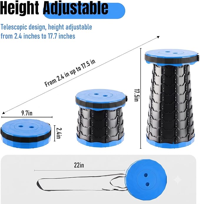 Doseno Collapsible Stool 2 Pack, Portable Telescoping Seat, Light Blue | 2 light blue adjustable stools with twist-lock setup and carry straps for camping, fishing, travel, events, and home