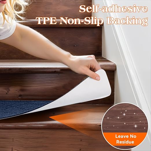 Stair Treads for Wooden Steps 15 PCS, Non Slip Stair Rugs Blue | 8x30in Self-adhesive Stair Runner Strips, Machine Washable, Indoor Carpet for Stairs, Stair Protection for Kids Pets Elderly