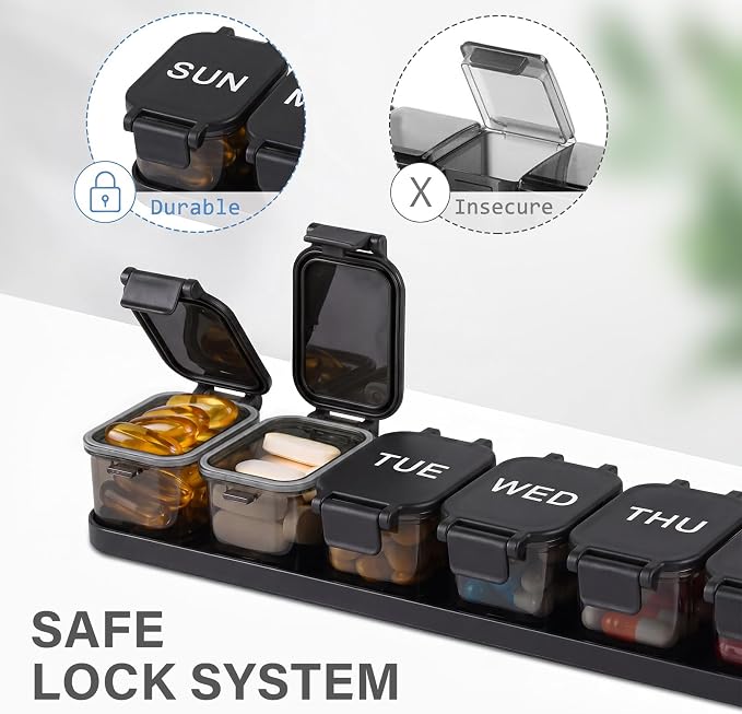 Yaklim Extra Large Weekly Pill Organizer - Waterproof 7-Day Pill Box, Portable Vitamin & Supplement Case, Easy to Open Design, Ideal for Travel and Daily Medication Management (BlackPurple, 2 Packs)