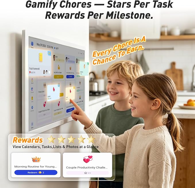 24" Digital Calendar Electronic-eCalendar WhiteBoard-Meal-Planner - Touchcreen Picture-Frame Display, Chore Chart, No Subscription, Star Reward, Auto-Sync Online via App, Wall Mount, Gifts for Mom