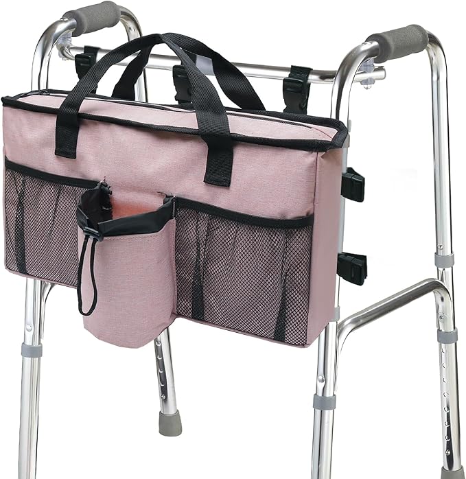 Walker Accessories for Folding Walker Seniors with Cup Holder Walker Bag Organizer Pouch Storage Buckle Carry Things -Pink