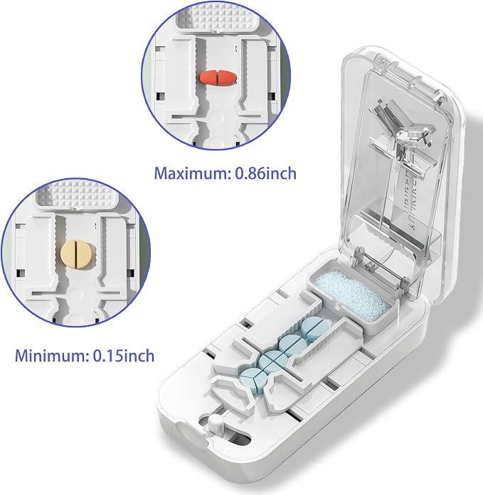 Precision Pill Cutter with Centering Guide - Multi-Angle Tablet Splitter for 1/2, 1/3 & 1/4 Cuts, Includes Pill Crusher & Storage Compartment (Clear)