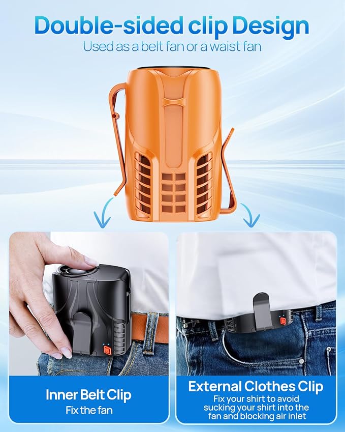 Portable Personal Waist Fan& Neck Fan, 14000RPM Brushless Motor, 40H Runtime Rechargeable, 6-Speed Quiet Operation, Clip-On Personal Body Cooling for Camping/Worksites/Outdoor