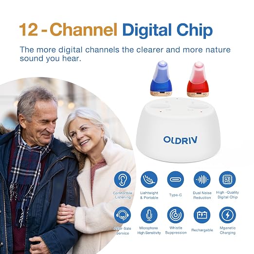 Rechargeable Hearing Aids for Adults Seniors, 1 Pair Completely-in-Canal (CIC) Hearing Aids for Adults Seniors Rechargeable OTC Hearing Aids Red Blue