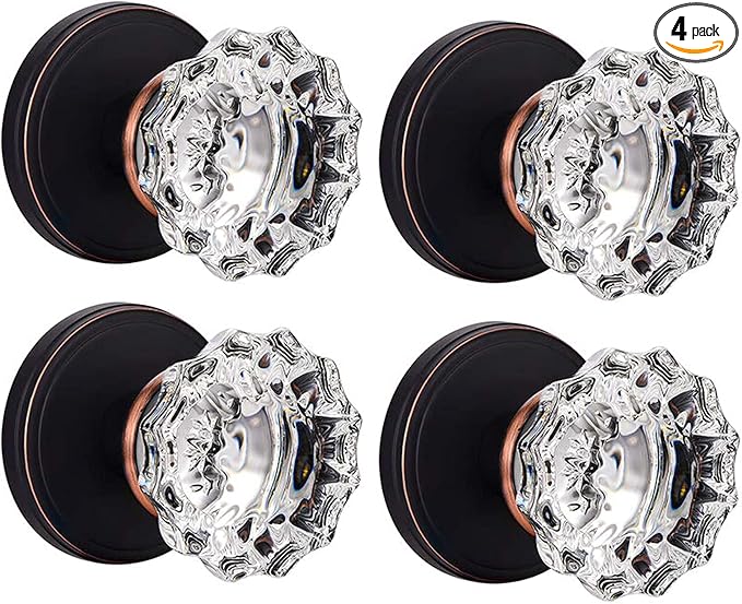 Glass Door Knobs Interior, Crystal Dummy Door Knobs for Hall and Closet, Oil Rubbed Bronze (4 Pack) | for Hall and Closet, Oil Rubbed Bronze (4 Pack)