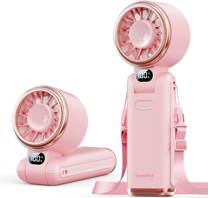 SWEETFULL Portable Handheld Turbo Fan - Portable Fans Rechargeable, 5000mAh, 180° Adjustable, 5 Speed Wind, Digital Display Electric Personal Hand Fan Quiet, Travel Essentials, Beach Vacation (Pink)
