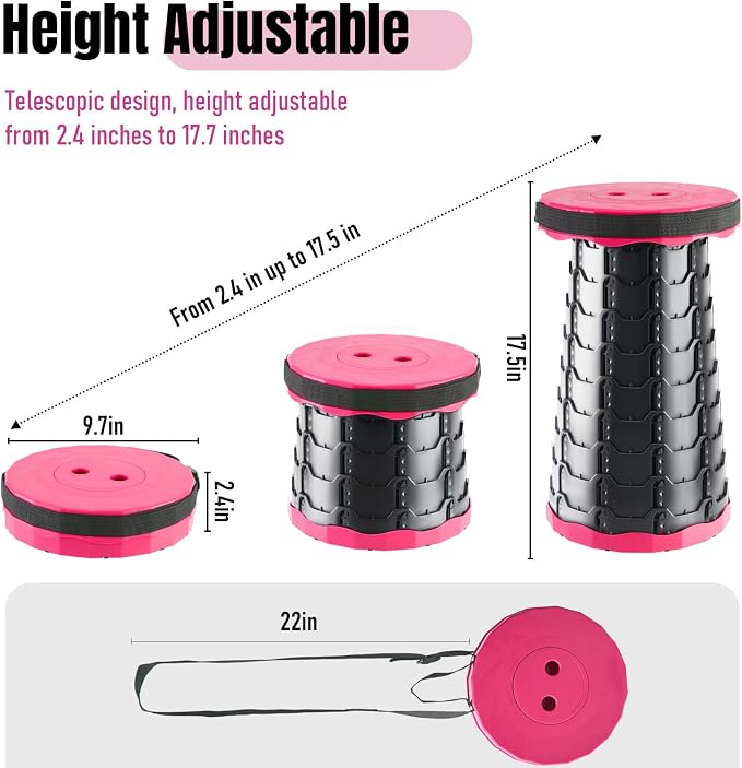 Doseno Collapsible Stool, Portable Stool, Foldable Collapsible Seat, Pink | Retractable foldable stool spans 2.4-17.5 in; portable seat with carry strap for fishing, hiking, camping, BBQ and travel.