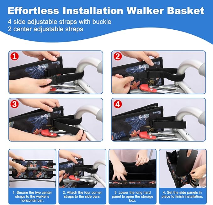 supregear Walker Basket, Foldable Walker Bag with Cup Holder, Storage Pouch with Large Capacity and Never Tipping Over, Hand-Free for Seniors Elderly, Not Fit for Rollator, Floral Black
