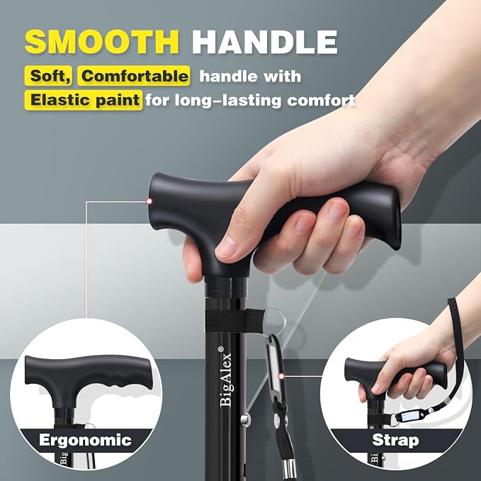 BigAlex Folding Walking Cane for Elderly Adjustable & Portable Walking Stick for Seniors,Pivoting Quad Base,Lightweight,Collapsible with Carrying Bag for Men/Woman