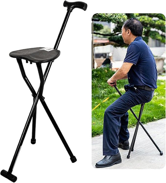 300 Lbs Crutch Stool with Seat, Lightweight Folding Walking Stick Cane for Seniors, Elderly, Portable Mobility Aid for Camping, Hiking, Travel, Outdoor Activities