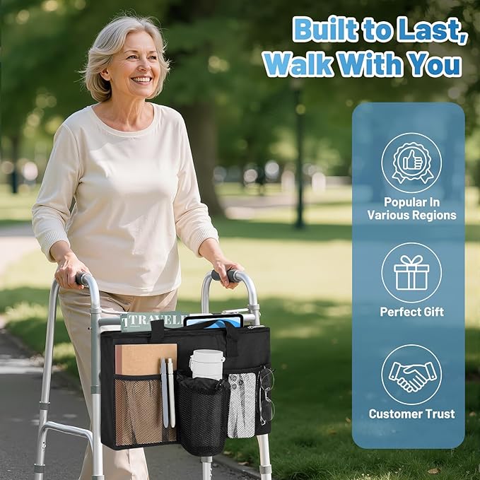 Rhino Valley Walker Bag, Large Capacity Walker Accessories Storage Bag with Multi Pockets & Cup Holder, Walker Basket with 4 pockets for Universal Walkers for Seniors, Black