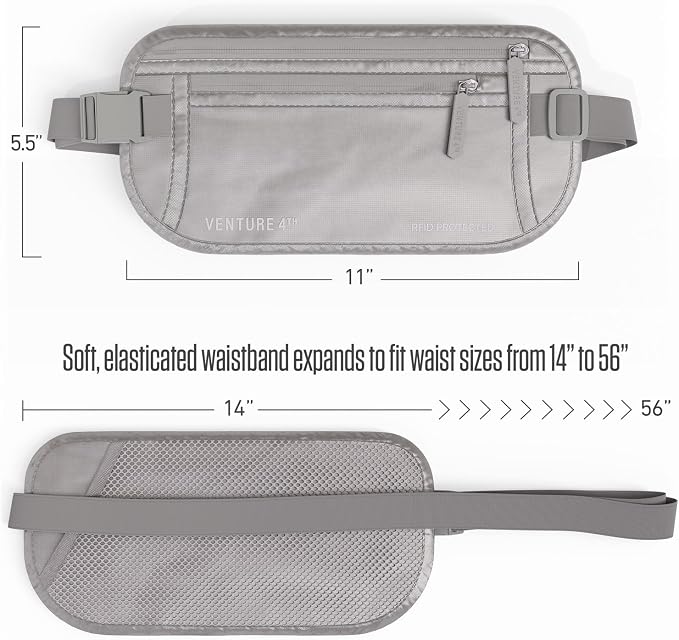 VENTURE 4TH Travel Money Belt, RFID Blocking Passport Holder - Sleek Silver