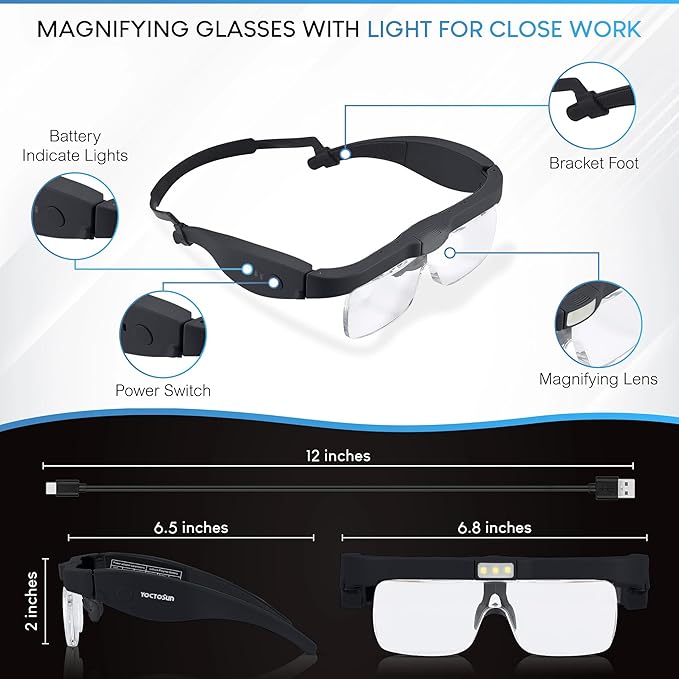 Magnifying Glass with Light, Magnifying Glasses with 5 Detachable Lenses 0.75X-4.0X, Rechargeable Magnifier Headset with 3 LED Lights, Head Magnifier Glasses for Close Work Crafts Jewelry Hobbies