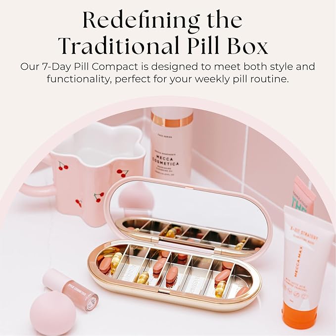 Dosey Compact Travel Pill Organizer - Pill Case with 7 Compartments for Medicine Storage & Protection – Stylish & Elegant Medication Organizer with Mirror, Blush