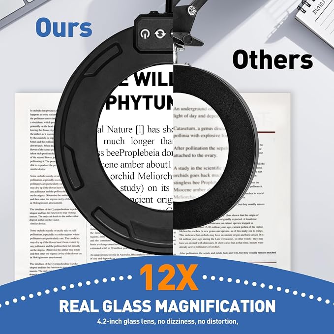 HITTI 12X Ultra Long Magnifying Glass with Light and Clamp, Swivel Arm | 5 Color Modes Steepless Dimming LED Desk Lamp, Hands Free Lighted Magnifier Stand for Workbench, Cross Stitch, Hobby