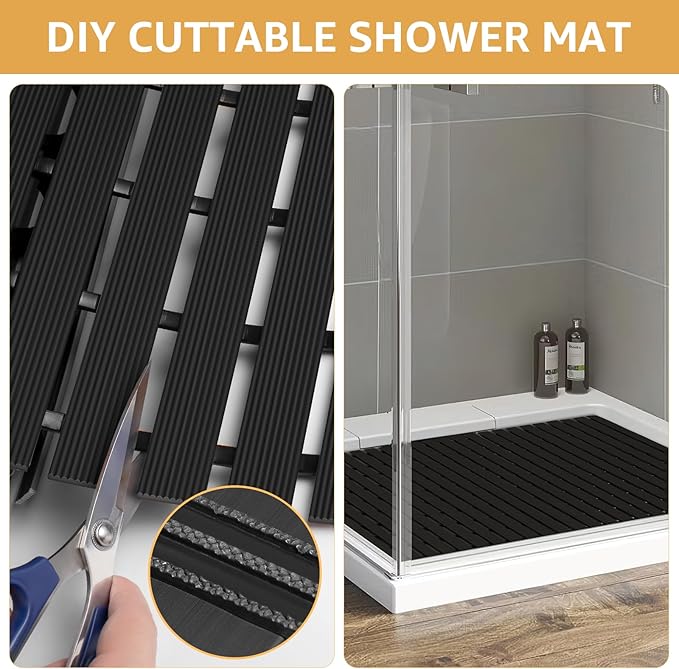 Yolife PVC Large Shower Mat, 35.4 × 24 Inch Non Suction Cup Non Slip Shower Floor Mat, Easy to Cut & Curlable Stand Up Shower Stall Mat, Heavy Duty Bath Shower Mats for Inside Shower