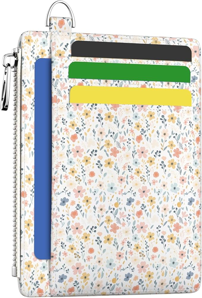 Hancynir White Floral Slim Wallet Women Credit Card Holder, RFID Small | Zipper Pocket Wallet, Thin Travel Coin Purse, Ladies Women Gifts, Minimalist Card Case, 6 Card Slots, ID Window, PU Leather