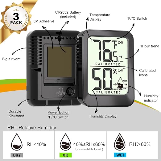 AyayaBoss 3 Pack Room Thermometer Indoor Hygrometer | Mini Size, Monitor Temperature & Humidity, Accurate Fast Read, Easy To View, Kickstand/Hanging/Wall Adhesive, ℉/℃, w/ Battery