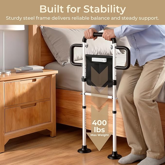 Bed Rails for Elderly Adults Safety, for 400Lbs, White | Bed Rail for Seniors with Motion Sensor Light, Height Adjustable Bed Assist Bar, Non-Slip Handle, Storage Bag