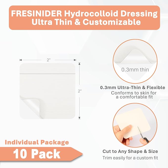 FRESINIDER Hydrocolloid Wound Dressing 2" x 2" – 10 Pack Ultra Thin Self-Adhesive Bandages for Wound Care, Bed Sores, Acne, Blisters – Waterproof & Absorbent Hydrocolloid Patches for Faster Healing
