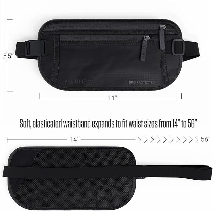 VENTURE 4TH Travel Money Belt, RFID Blocking Passport Holder - Sleek Black