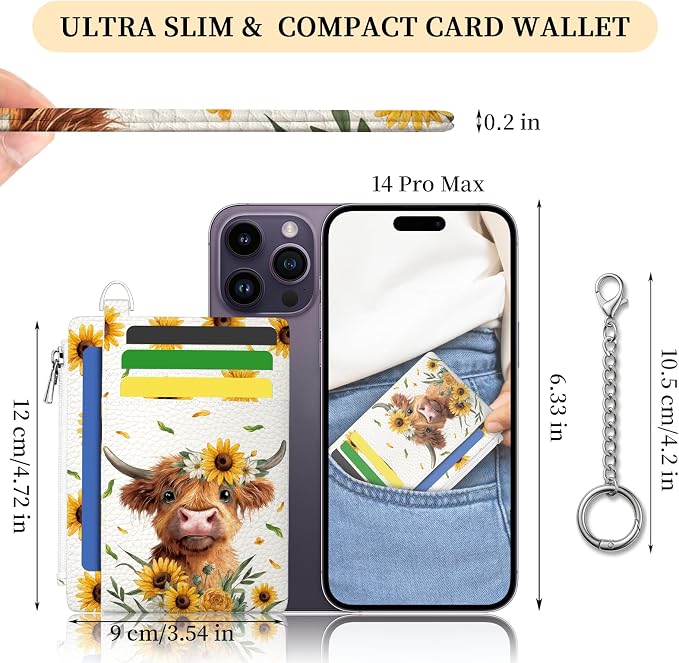 Hancynir Highland Cow Credit Card Holder Small Wallet Women, Cute Slim RFID | Sunflower Zipper Keychain Wallet, Thin Travel Coin Pocket, PU Leather, Minimalist Card Case, 6 Card Slots, Ladies Women Gifts