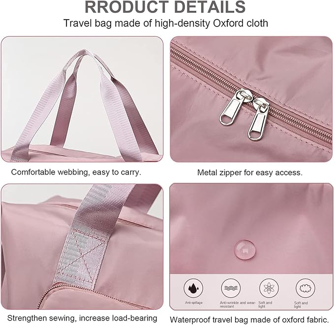 Large Capacity Folding Travel Bag, Lightweight Waterproof Luggage Bag, Expandable Travel Duffel Bag, Dry Wet Separated Gym Tote Bag, Weekender Overnight Bags for Women and Man (Pink)