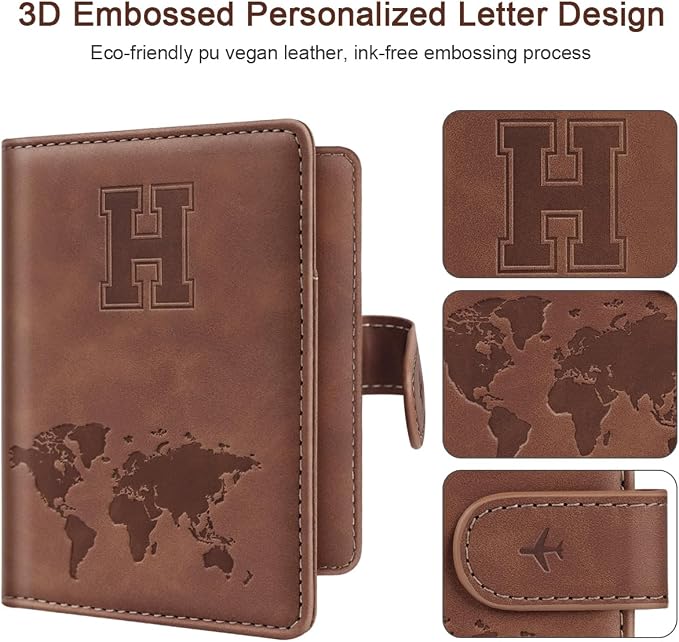 Passport Holder Wallet Cover Personalized Initial Travel Essentials | Embossed Letter A-Z Design, Travel Wallets, RFID Blocking, Passport Book Holders, Women Men, Personalized Gifts, Brown-H