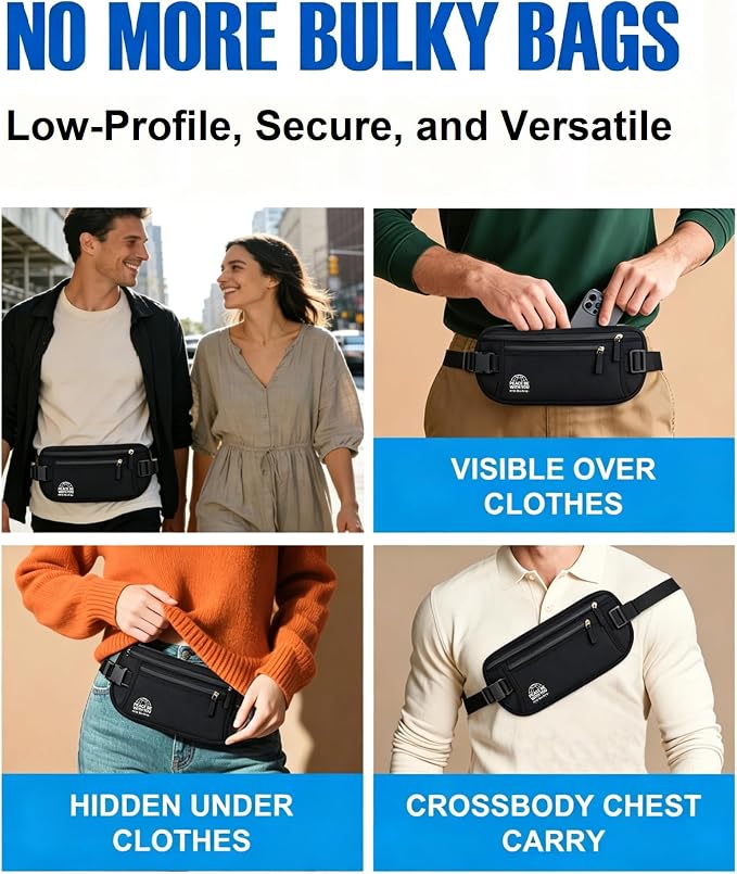 Money Belt for Travel, Passport Holder, RFID Blocking, Extender Strap | 3rd Gen Slim Waist Wallet Anti Theft to Protect Cash, Credit Cards and Document Under-Clothes for Men & Women, Black, Bamneat