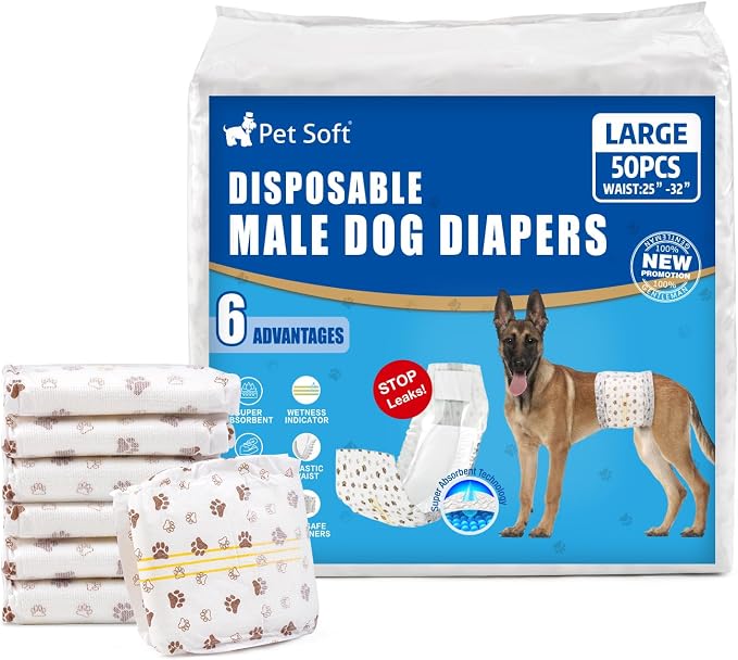 Pet Soft Dog Diapers Male - Disposable Male Dog Wraps Wetness Indicator, Ultra Absorbent Doggie Diapers Comfortable for Incontinence Excitable Urination, 50pcs Large