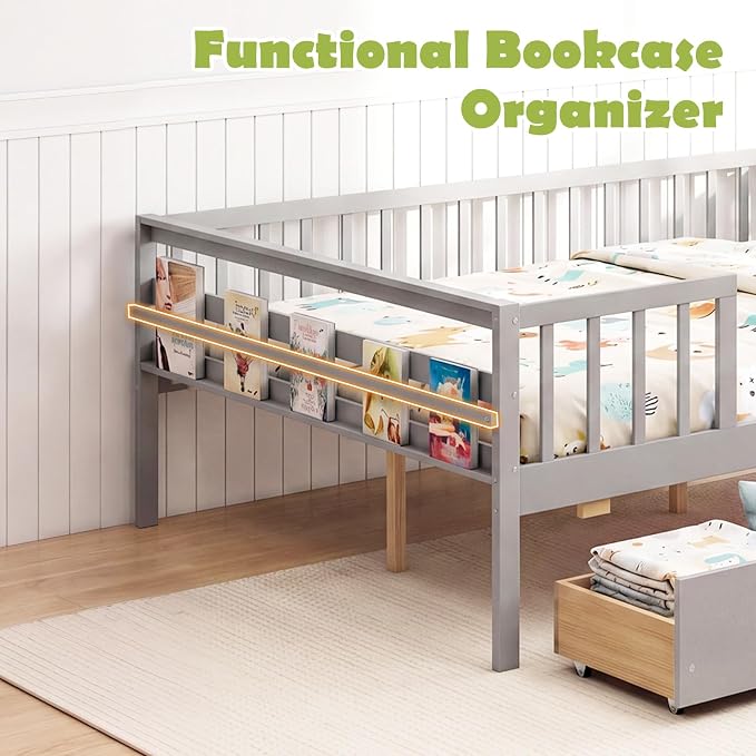 Giantex Full Kids Bed with Storage Drawers, Wood Montessori Bed with Rails & Side Shelf, Low Daybed Bed Frame for Boys Girls, No Box Spring Needed (Grey)