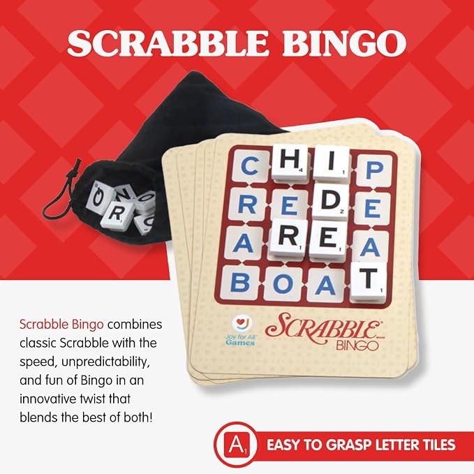 JOY FOR ALL Games - Scrabble Bingo 3-in-1 Word Games - Classic, Bingo, & Pass - New Easy to Grasp Tiles & Racks - Fun Family Board Game for Seniors, Kids, Teens, and Adults