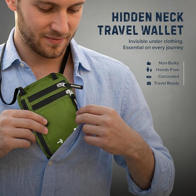 Zero Grid RFID Travel Neck Wallet, Large Passport Holder, Green | Slim & Concealable Travel Pouch for Men & Women; Holds Phone, Cash, Cards, Keys, Waterproof; 4 compartments; Adjustable Strap