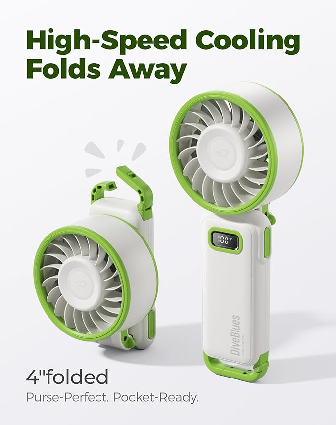 Diveblues Portable Turbo Fan, 7.4m/s High Speed Handheld Fan, 180° Foldable 4-in-1 Personal Neck Fan with Carabiner Clip, 100 Speed Stepless Control, USB-C Rechargeable for Travel, Makeup Hot Flashes