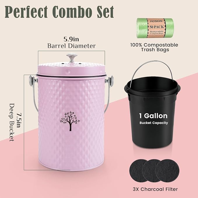 Countertop Compost Bin, Odor-Free Food Waste Container with 50 Bags | 1 Gallon Container,2 Carbon Filters,Compost Bucket, coffee grounds