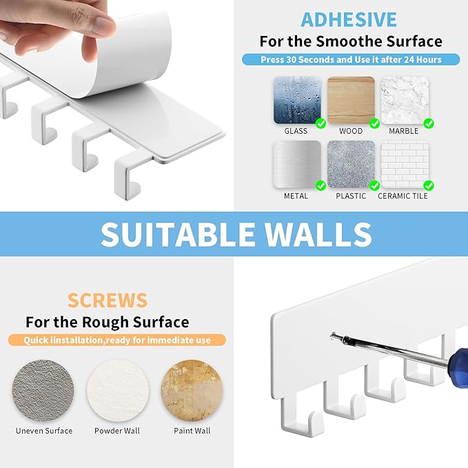 GTK Key Holder for Wall, Key Hooks with 10 Hooks, Wall Mounted Key Holder for Hallway, Self Adhesive Key Rack(White)