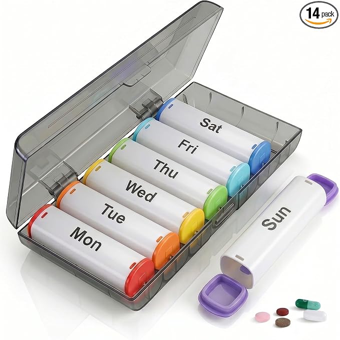 CAidRE Weekly Pill Organizer 2 Times a Day - 7 Day AM PM Pill Box Large Travel Pill Case, Daily Pill Container Dispenser for Vitamins, Supplements, Fish Oils, Medication Storage Pill Holder, White