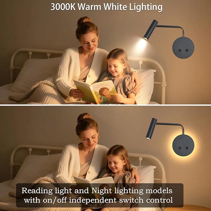 Matte Black Wall Mounted Reading Light, 4000K Flexible Headboard Reading Sconces with On Off Switch Control, Plug in/Hardwired Wall Light Fixtures with Night Light for Bedside Bedroom Bunk