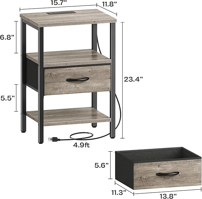 SUPERJARE Nightstand with Charging Station, USB-C Port, Bedside Table | Night Stand for Bedroom, with Adjustable Fabric Drawer, 3-Tier Storage End Table, for Living Room, Oak
