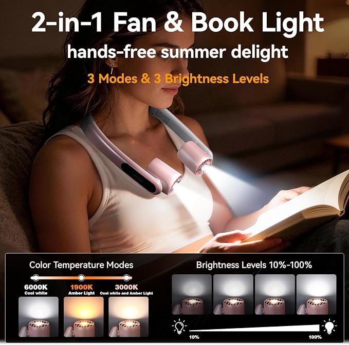 VAVOFO Portable Neck Fan with Book Light, Hands Free Wearable Cooling Fan | 6000mAh Rechargeable, 3 Speeds, 250° Adjustable, Ideal Gift for Reading, Travel, Office, Hiking, Fishing & Sports