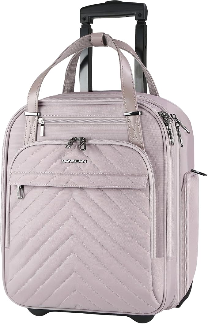 VANKEAN Carry On Underseat 16-inch Multi-functional Underseater Lightweight Overnight Suitcase with Wheels, Roller Case for Women Travel Business, Light Dusty Pink