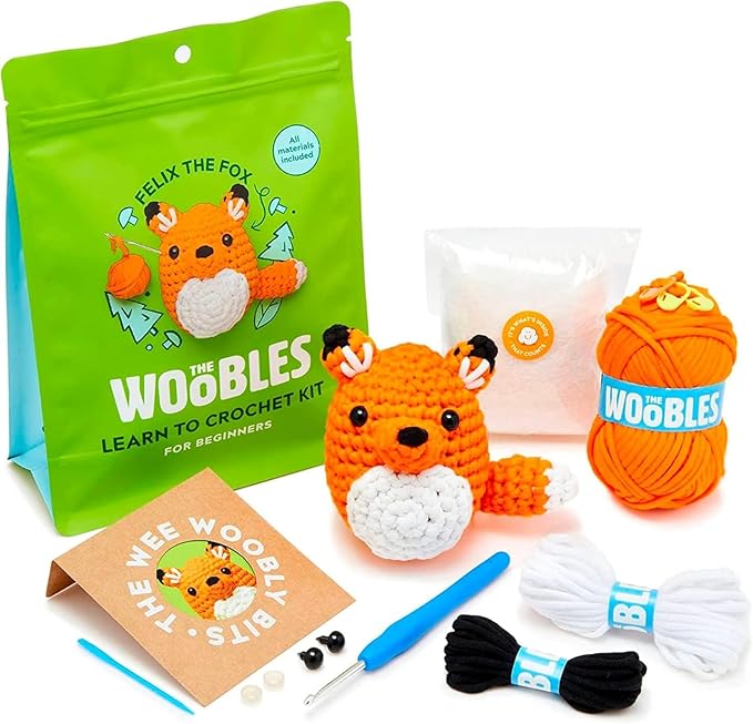The Woobles Amigurumi Crochet Kit for Beginners (Felix the Fox) | As seen on Shark Tank, Kit includes: Easy Peasy Yarn, pre-started piece, hook, safety eyes, stuffing, video tutorials