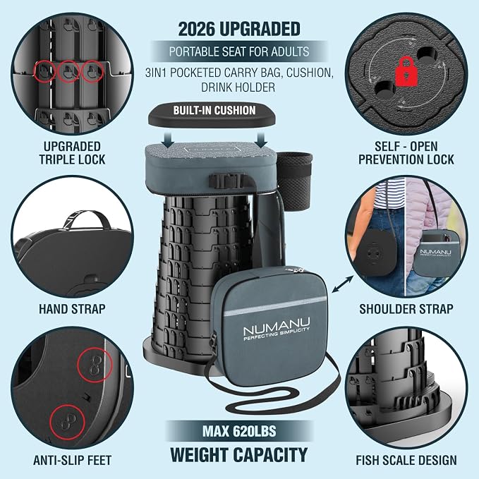 XXL Collapsible Stool, 3-in-1 Cushion + Bag, 1000 lbs, Square | Heavy-Duty Big & Tall Stool, Telescoping 2.7-19.7in, 3-in-1 Square Cushion Bag + Drink Holder; Travel, Sports, Camping