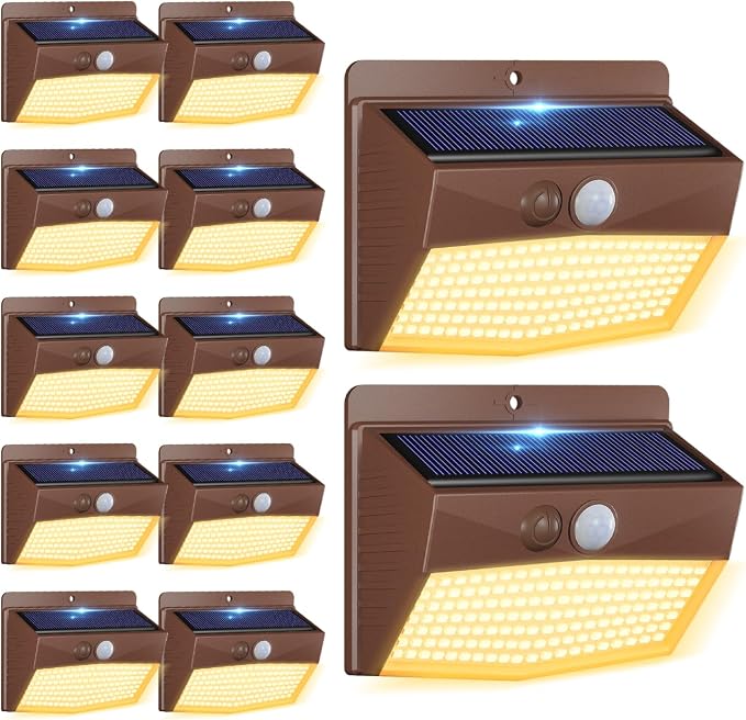 12 Pack Solar Motion Sensor Lights Outdoor Waterproof with 3 Modes | Warm White, Brown Frame, LED, Solar Powered, Security Lighting for Outside Wall Garden Fence Yard Deck Patio Garage