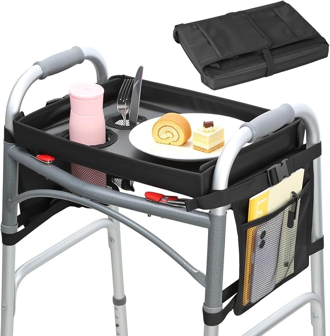 Detachable Walker Tray with Cup Holder & Side Pockets, Non-Slip Universal Table Accessory for Folding Rolling Walkers Seniors
