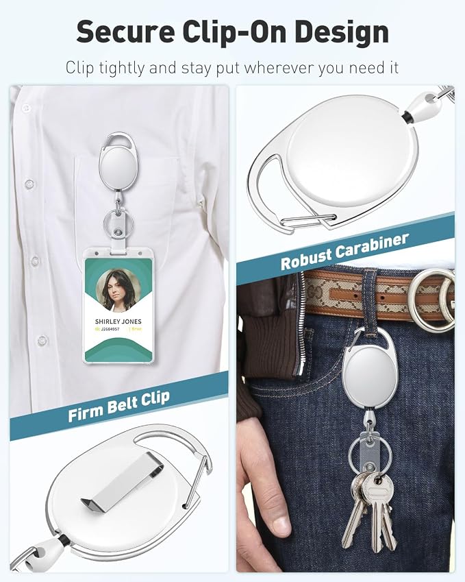 Uniclife 2 Pcs Retractable Badge Reel Keychain Clip for Badge Holder White | Heavy Duty, ID Card Badge Extender, White Gift for Her, Retractable Cord Reel Clip, with Carabiner Belt Clip and Key Ring