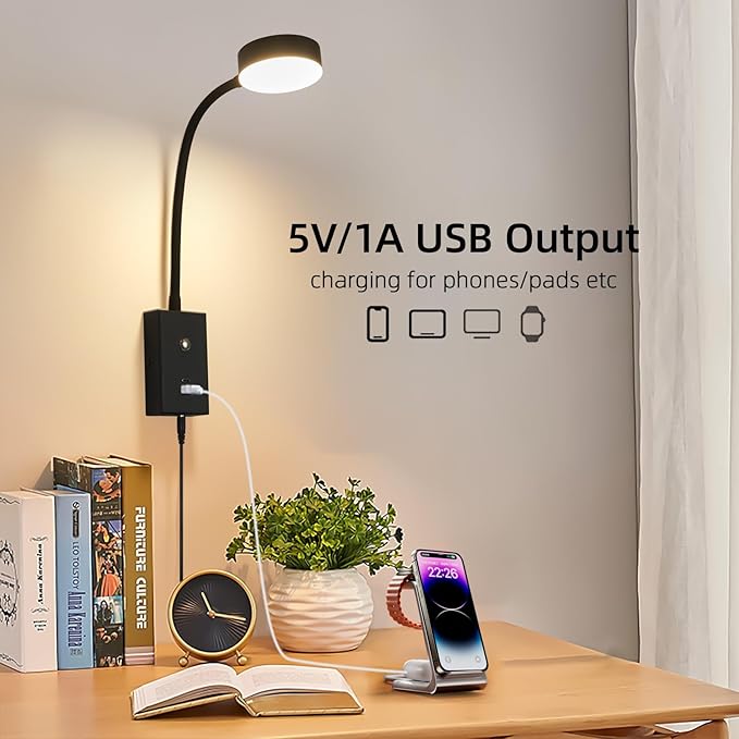 LED Wall Mounted Reading Light for Bed 2Pack, Flexible Gooseneck Book Light for Wall Bedside Lamp with USB-A/C Output,Touch Control 5 Dimmable Headboard Bed Lights